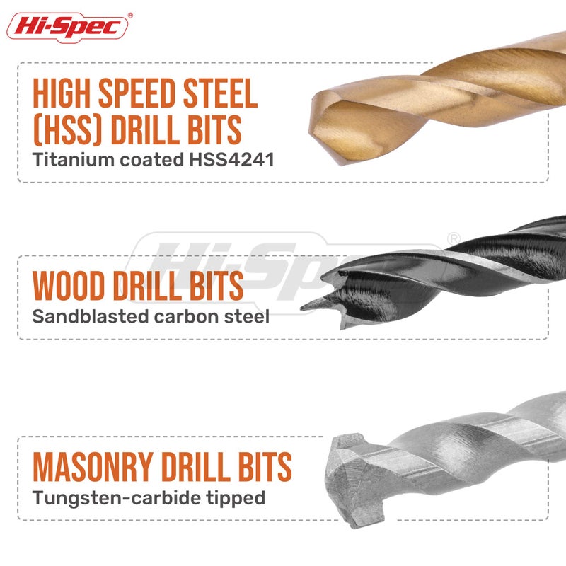 Hi-Spec Drill Bit Set 130pc Multi SAE - 11 Sizes 1/16in to 3/8in - HSS Titanium, Masonry & Brad Point Steel Bits - Drill Bits for Metal, Wood, Plastic, Drywall, Brick & Concrete - with Tray Case - Image 3